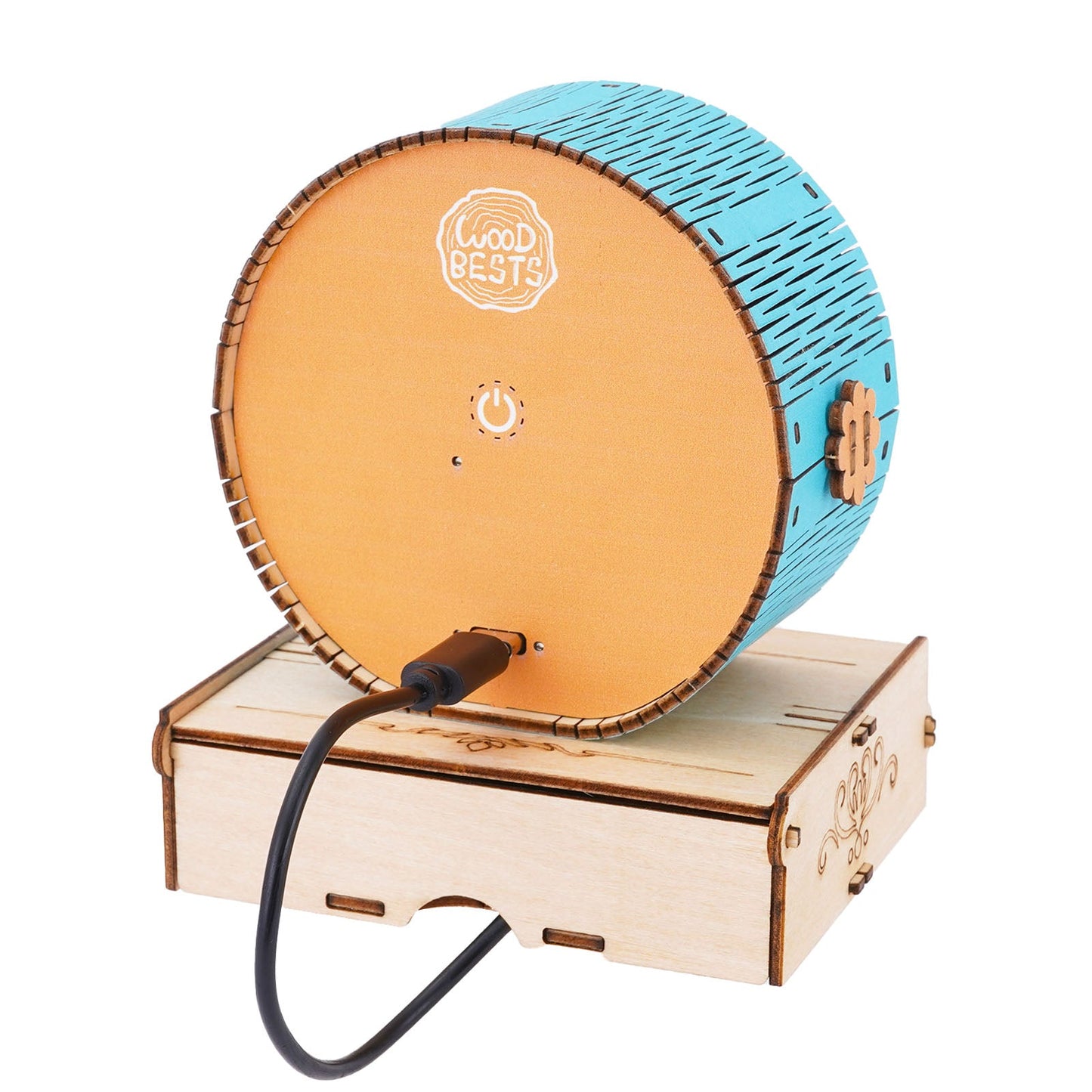 Wooden battery base for external power supply, featuring a blue top and cable connection for installation.