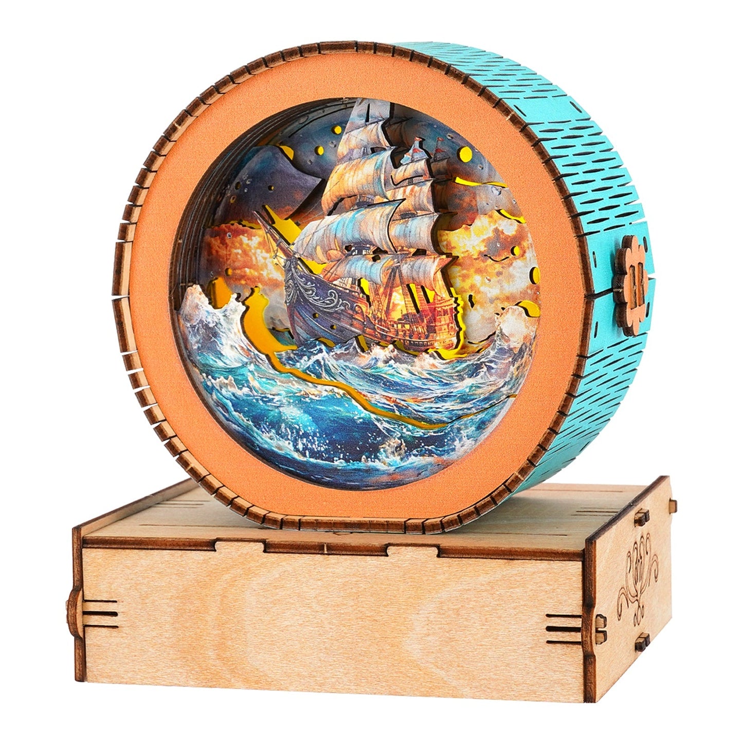 Intrepid Explorer 3D wooden puzzle night light featuring a ship in a stormy sea, perfect for DIY lovers and adventurous decor.