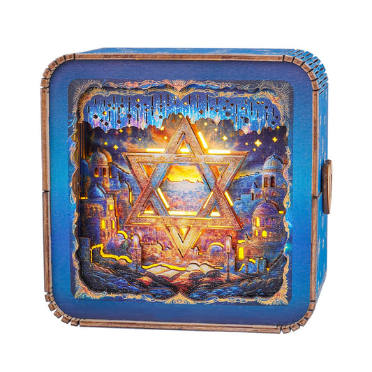 3D wooden puzzle night light featuring a glowing Star of David design, creating a beautiful ambiance.