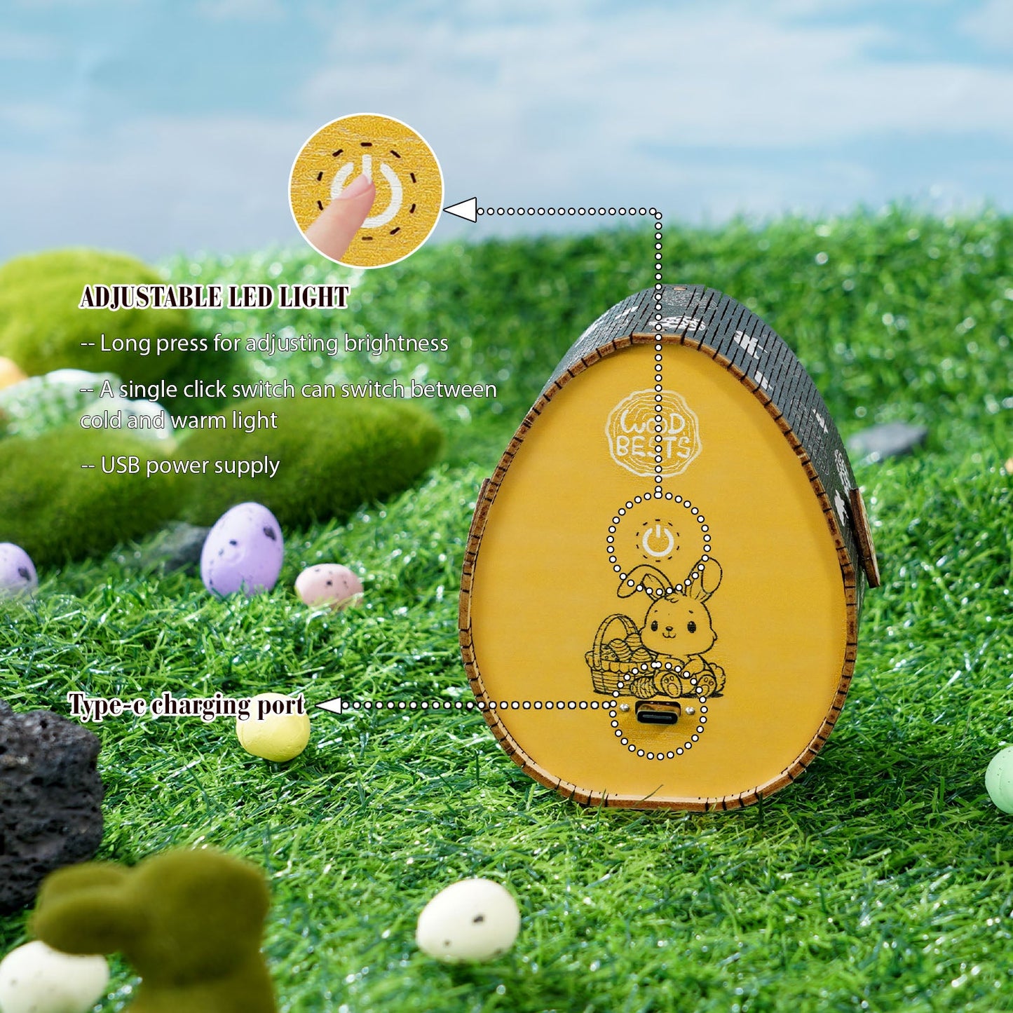 3D wooden puzzle night light featuring adjustable LED light and USB charging in a colorful forest setting.