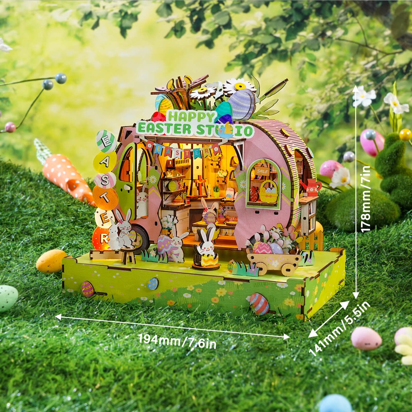 Charming Easter Egg Cart 3D puzzle made of eco-friendly wood, featuring colorful bunnies and festive decorations.