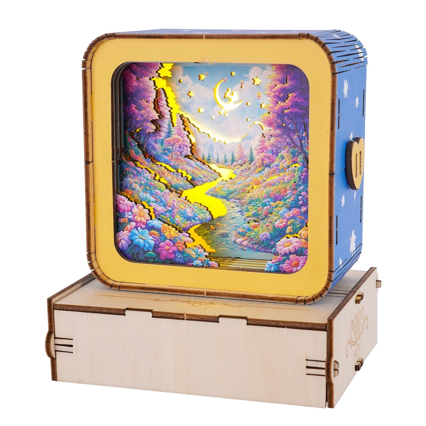 Dream Forest Kit 3D wooden puzzle night light showcasing a colorful nature scene with a river and stars.