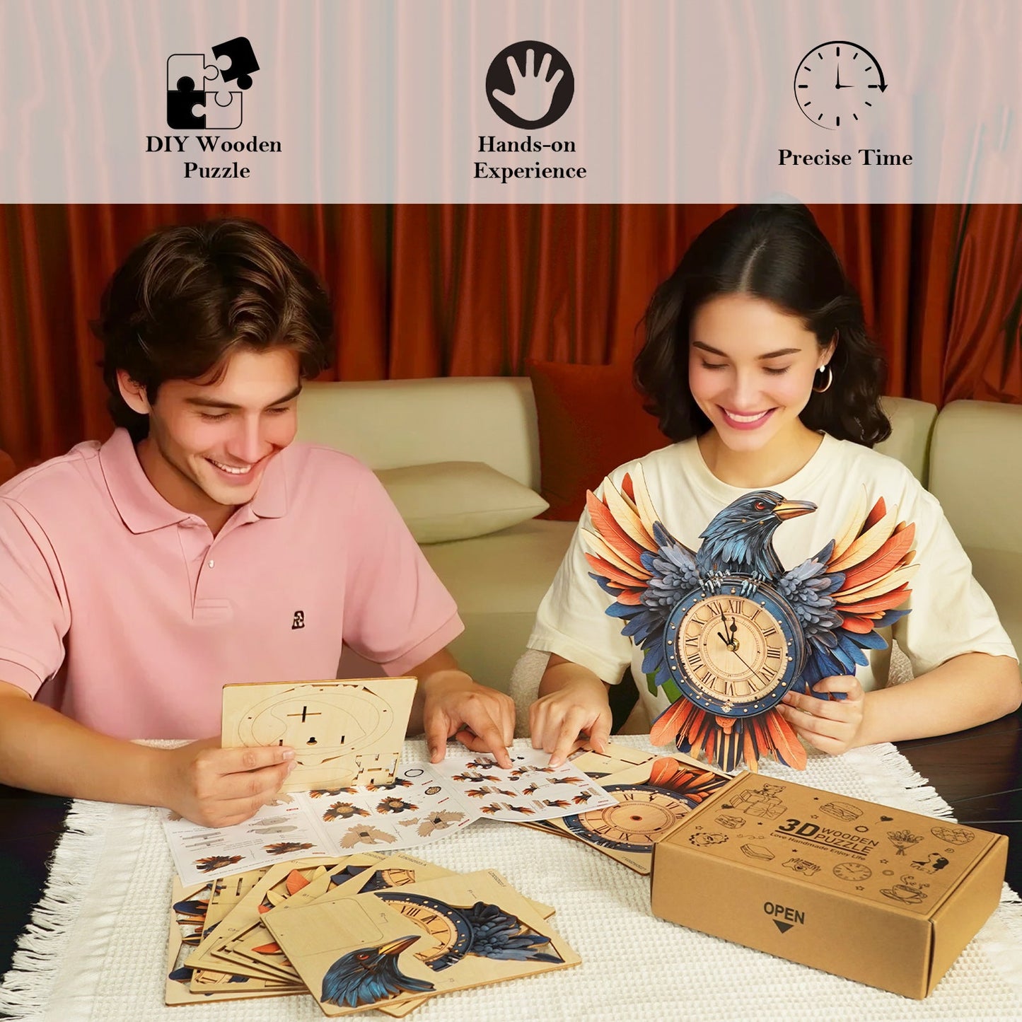 Raven – Wooden 3D Clock DIY Puzzle Kit