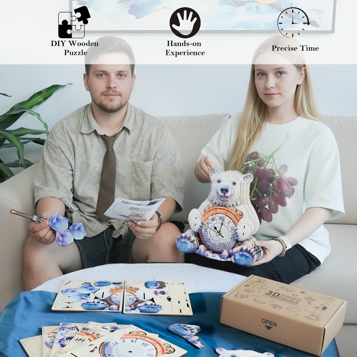 Polar bears – Wooden 3D Clock DIY Puzzle Kit