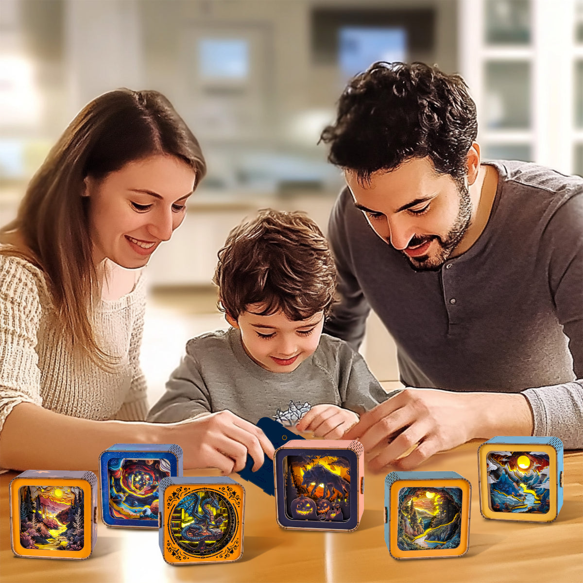 Family enjoying the Cosmic Odyssey Kit 3D Wooden Puzzle Night Light, featuring colorful designs and engaging play.