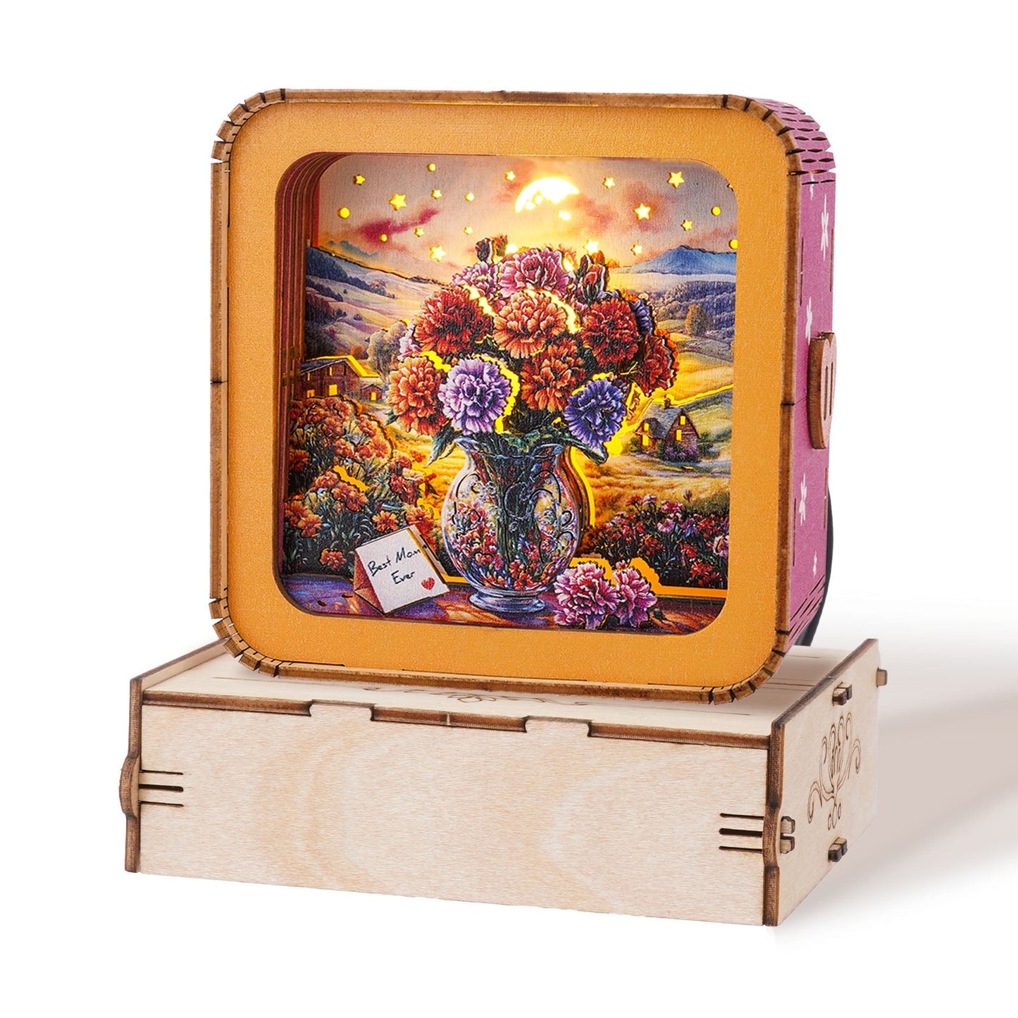 3D wooden puzzle night light featuring a vibrant carnation bouquet in a vase, perfect gift for Mother's Day.