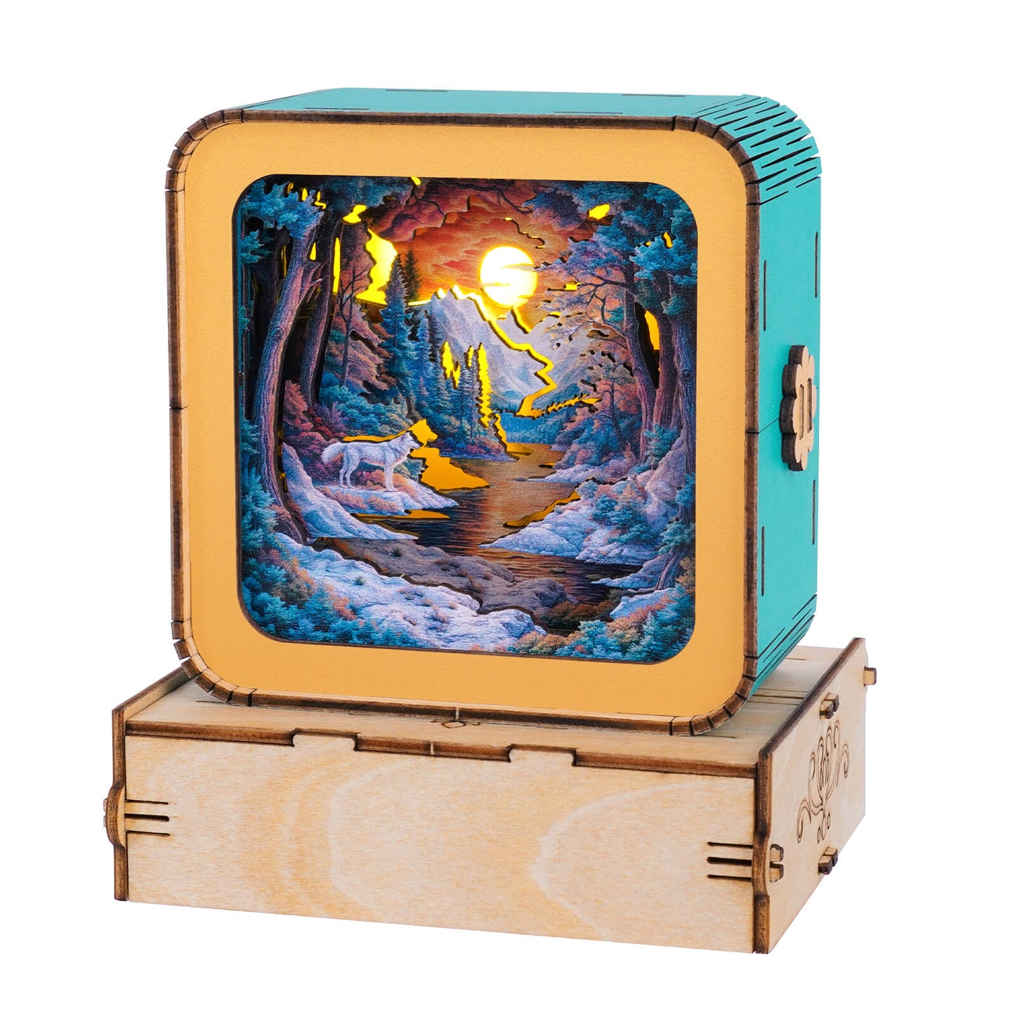 Forest Fantasy Wolf 3D wooden puzzle night light, showcasing a serene landscape with a glowing sunset.