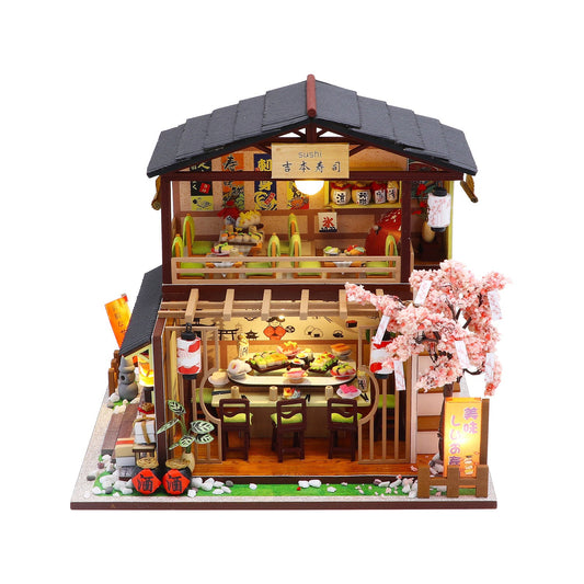 Sakura Sushi House DIY Dollhouse Kit, 3D wooden puzzle with sushi restaurant design and cherry blossom decor.