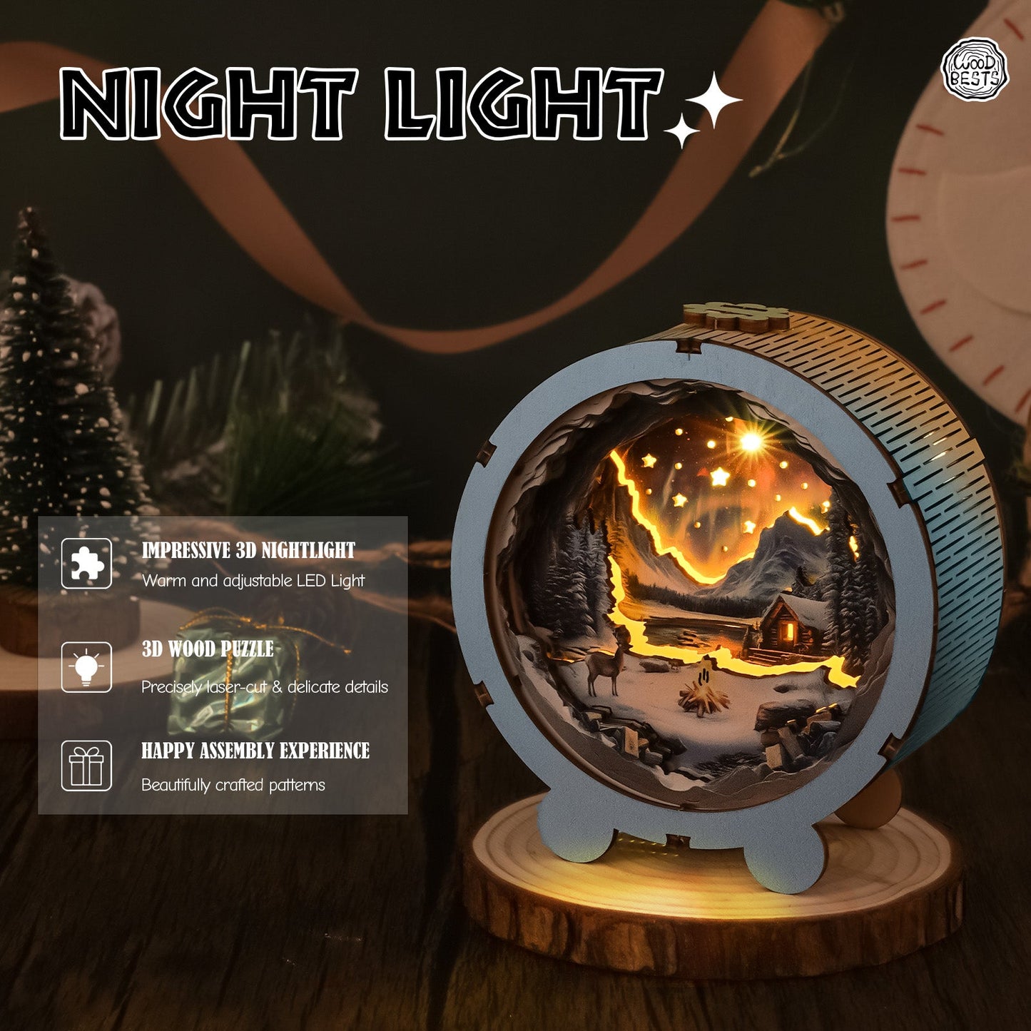 Aurora World Kit 3D Wooden Puzzle Night Light with impressive LED illumination and detailed craftsmanship.