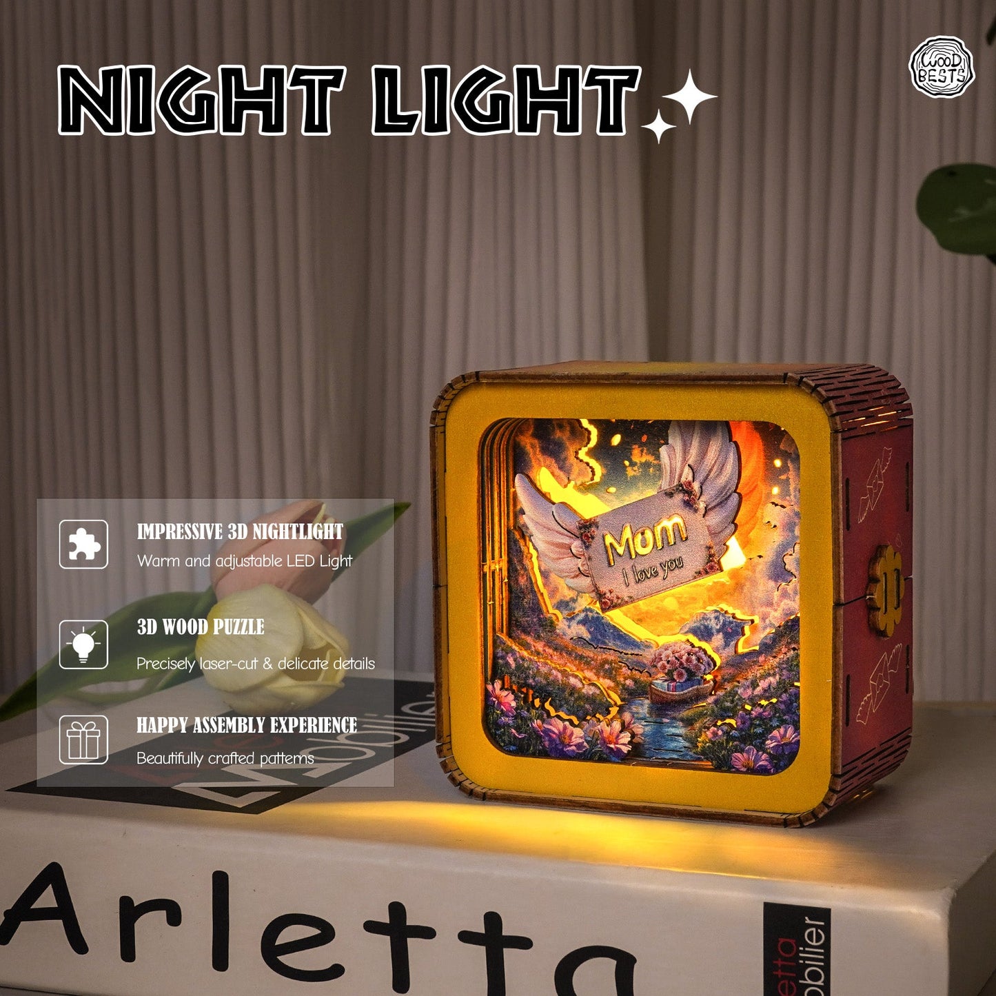 3D wooden puzzle night light featuring intricate design and warm LED illumination, perfect for Mother's Day decoration.