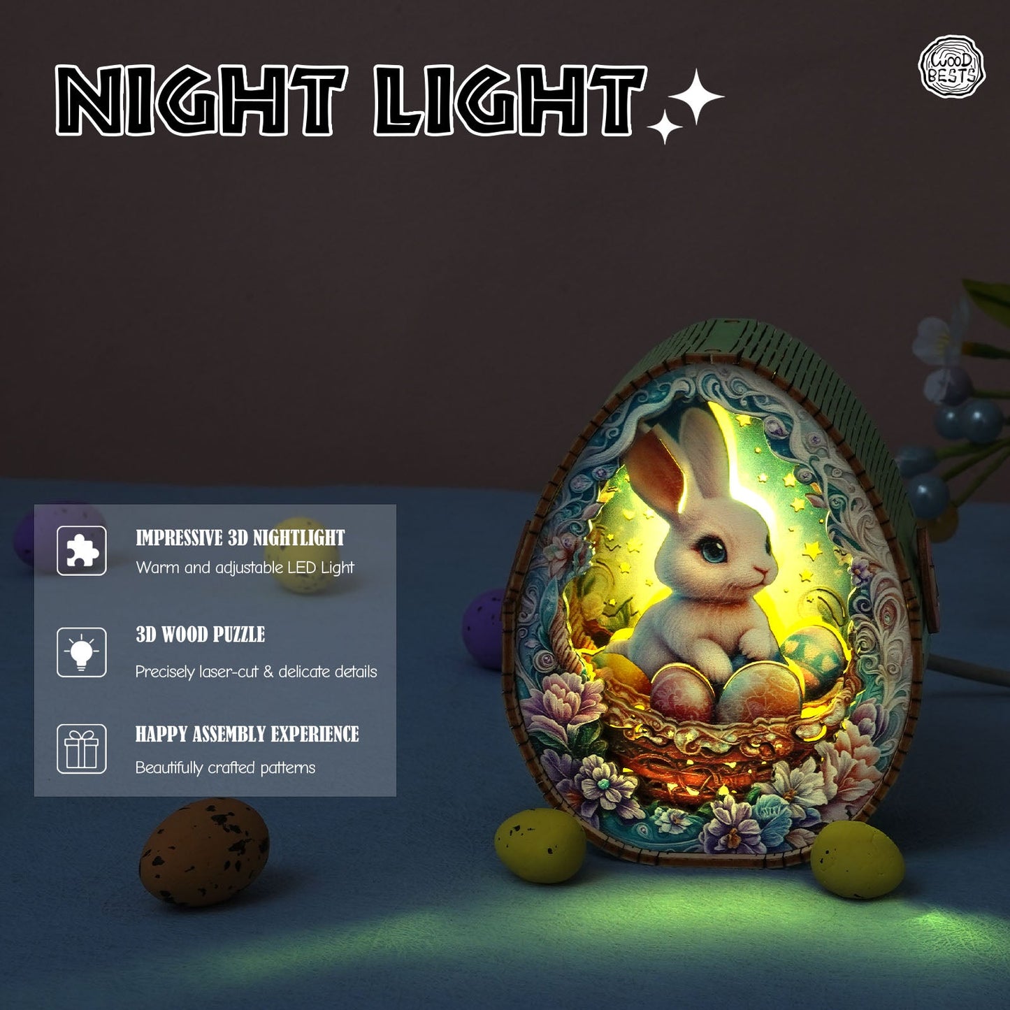 3D wooden bunny night light featuring vibrant colors and intricate details, ideal for Easter decor and cozy ambiance.