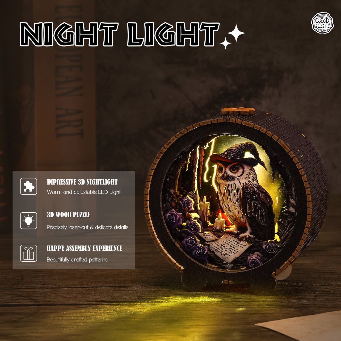 3D wooden puzzle owl night light with warm LED glow, featuring intricate designs and enchanting details.