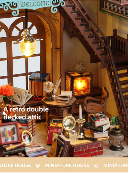 Cozy retro double-decked attic with books, lamps, and a warm atmosphere in a miniature house setting.