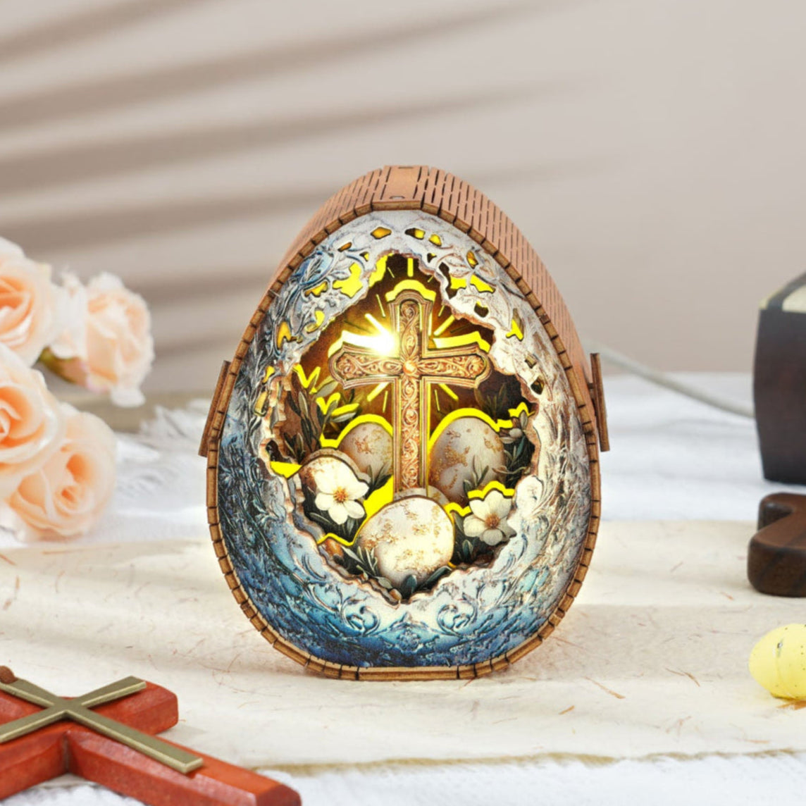 Holy Easter Eggs Kit 3D wooden puzzle night light featuring a cross and eggs illuminated with warm light.