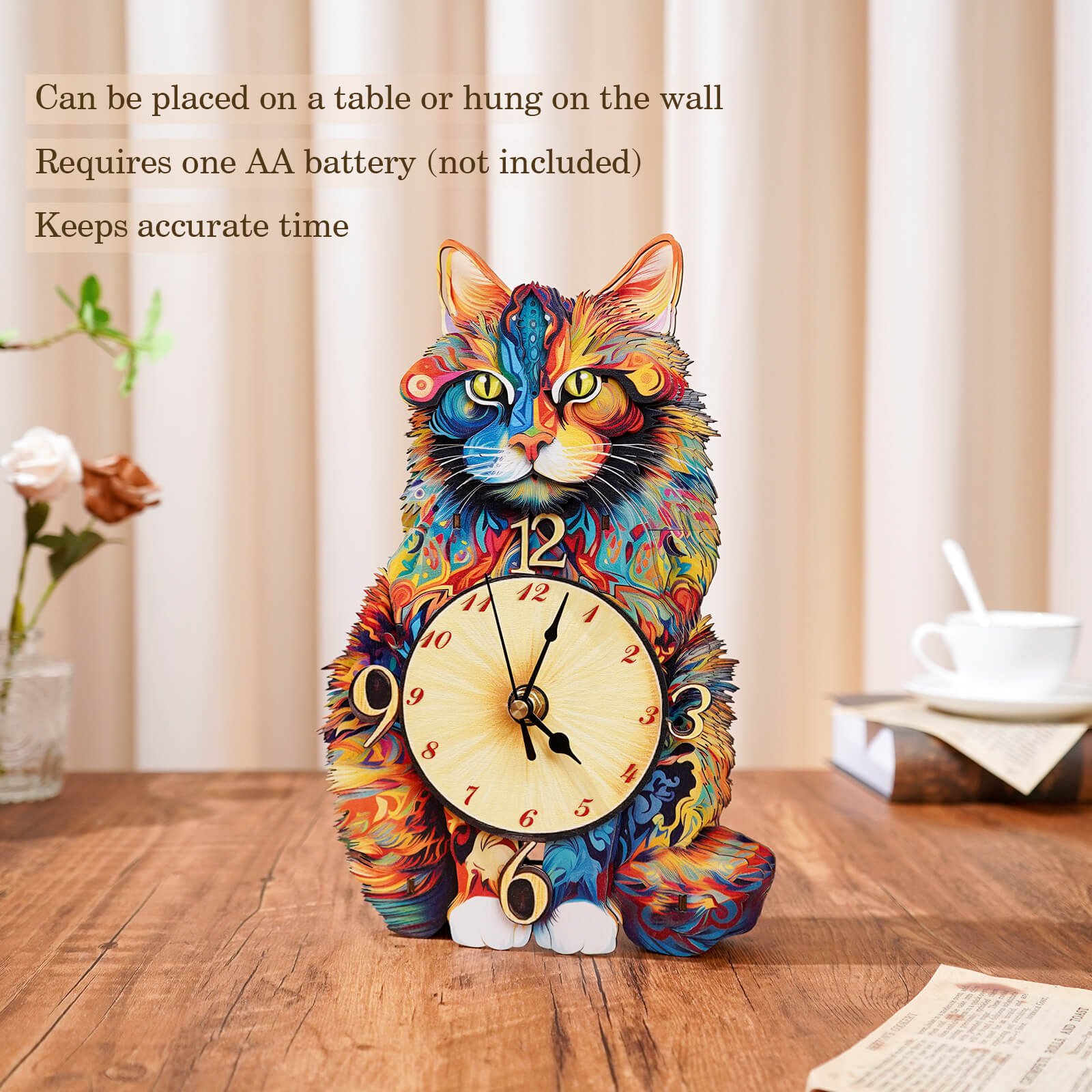 Colorful Maine Coon wooden clock 3D puzzle, perfect for table display or wall hanging, accurate timekeeping.