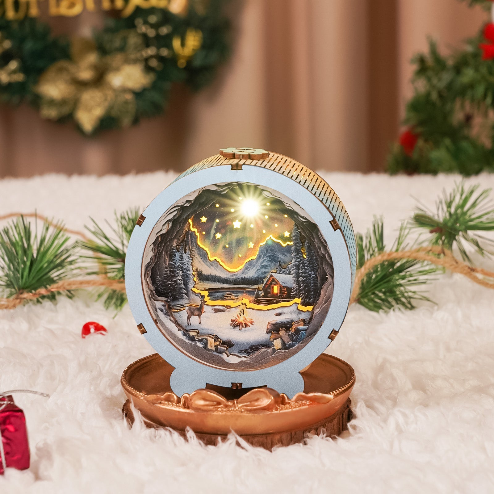 Aurora World 3D wooden puzzle night light with a glowing winter scene inside a decorative globe.