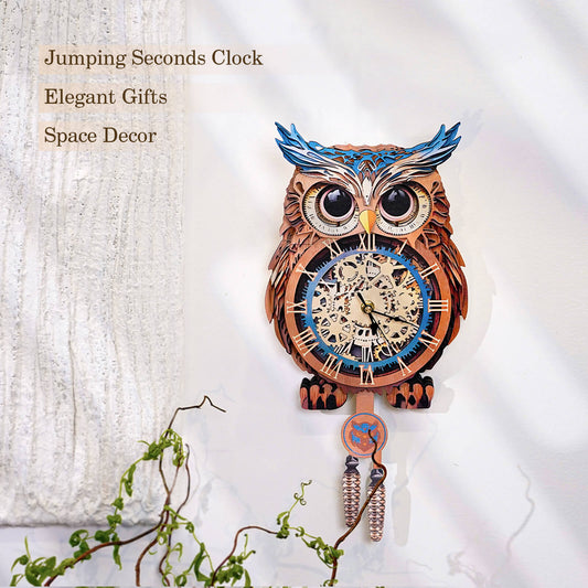 Owl DIY wooden clock 3D puzzle kit, elegant gift for home decor, featuring jumping seconds and precision craftsmanship.
