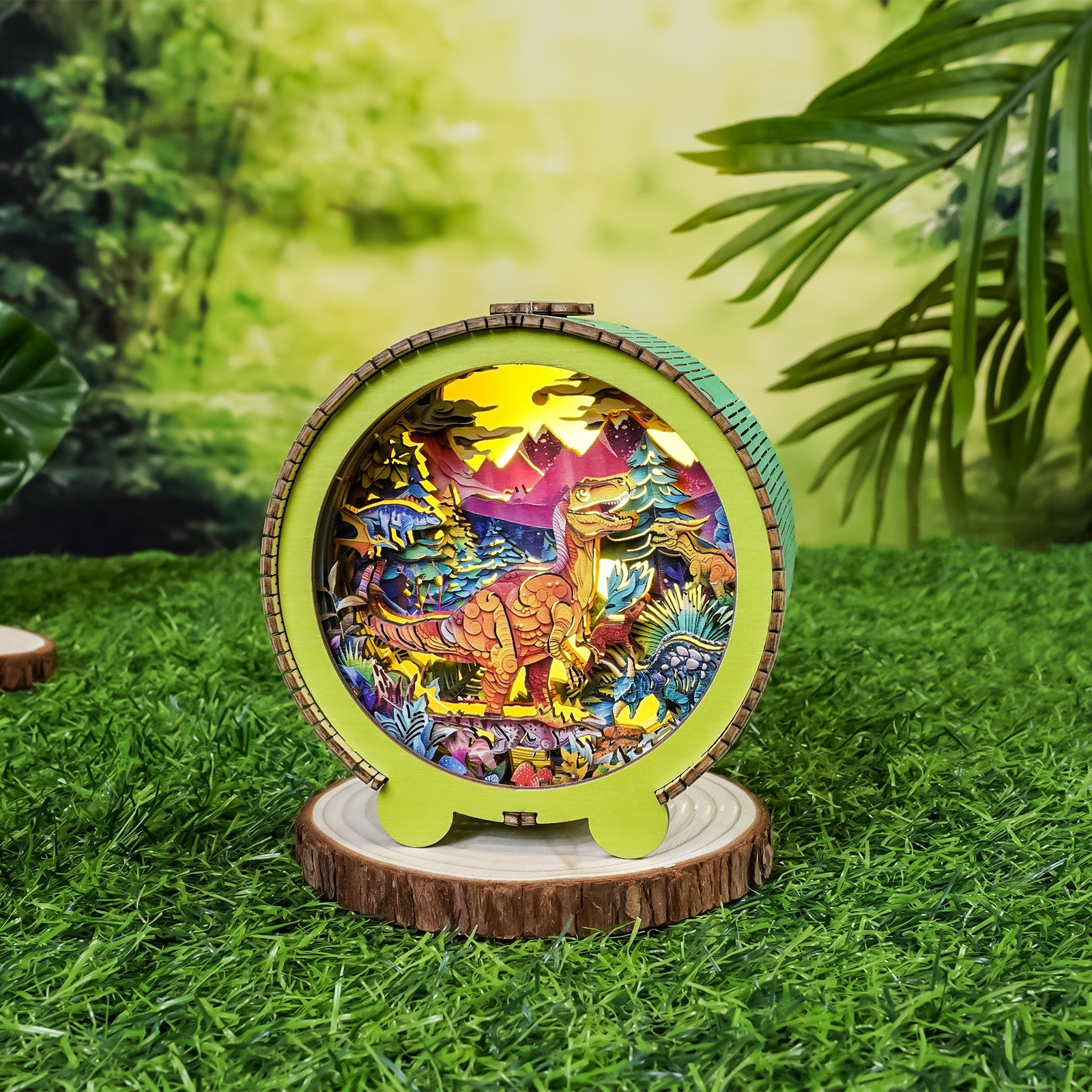Colorful 3D wooden puzzle night light featuring a dinosaur in a vibrant landscape, set on a wooden base.