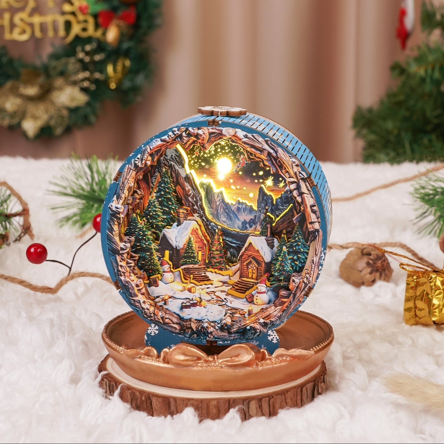 3D wooden puzzle night light depicting a serene Christmas village with snowy cabins and glowing starry sky.