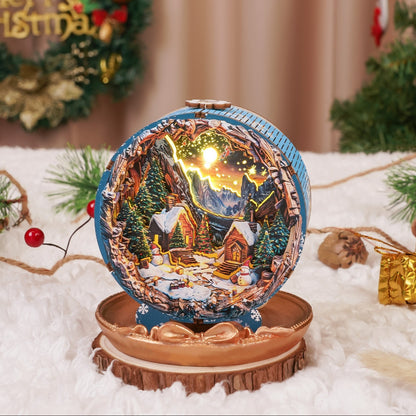 3D wooden puzzle night light depicting a serene Christmas village with snowy cabins and glowing starry sky.