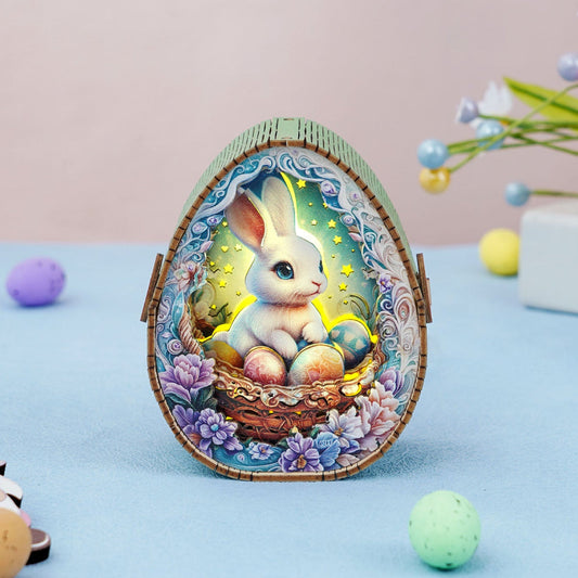 Colorful 3D wooden puzzle depicting a bunny with Easter eggs in a decorated basket, perfect for festive décor.
