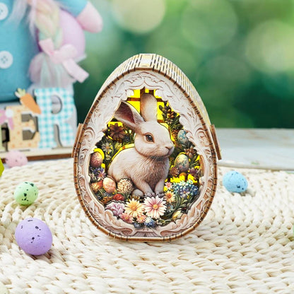 Easter Egg Messenger Kit featuring a 3D wooden rabbit night light surrounded by flowers and colorful eggs.