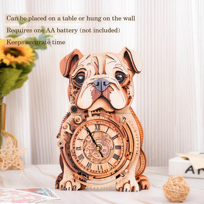DIY Wooden Bulldog Clock 3D puzzle kit; functional decor for wall or table, requires AA battery, keeps accurate time.