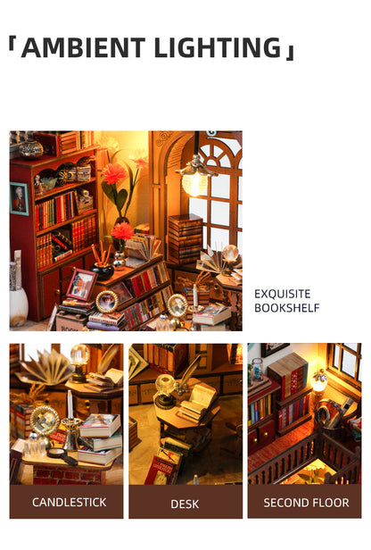 Cozy ambient lighting in an exquisite bookshelf with candlestick, desk, and detailed second floor design.
