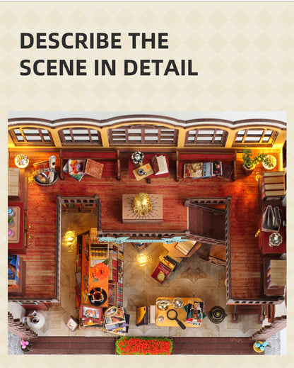 Detailed overhead view of a cozy DIY book nook kit featuring furniture, books, and decorative elements.