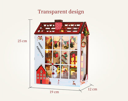 Merry Christmas DIY Book Nook Kit 3D Wooden Puzzle with transparent design, showcasing festive decorations and musical elements.