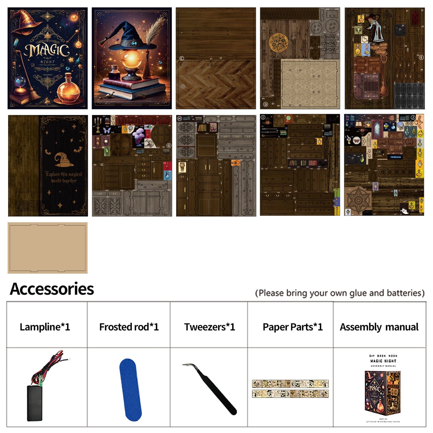 Magic Night DIY Book Nook Kit components, featuring accessories, unique designs, and assembly instructions.