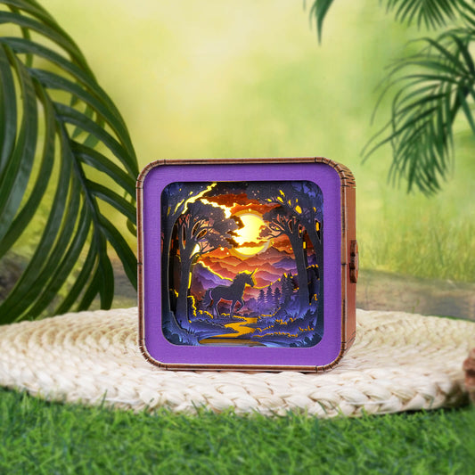 Forest Fantasy Unicorn 3D wooden puzzle night light showcasing a vibrant sunset scene with trees in a natural setting.
