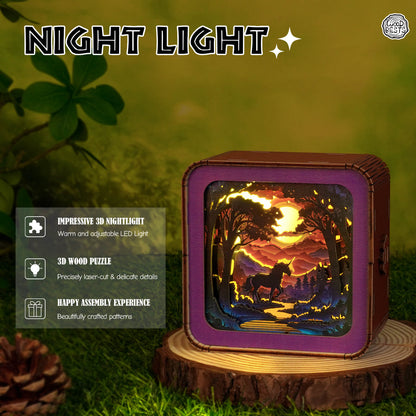 Forest Fantasy Unicorn 3D wooden puzzle night light with adjustable LED, warm glow, and intricate designs.