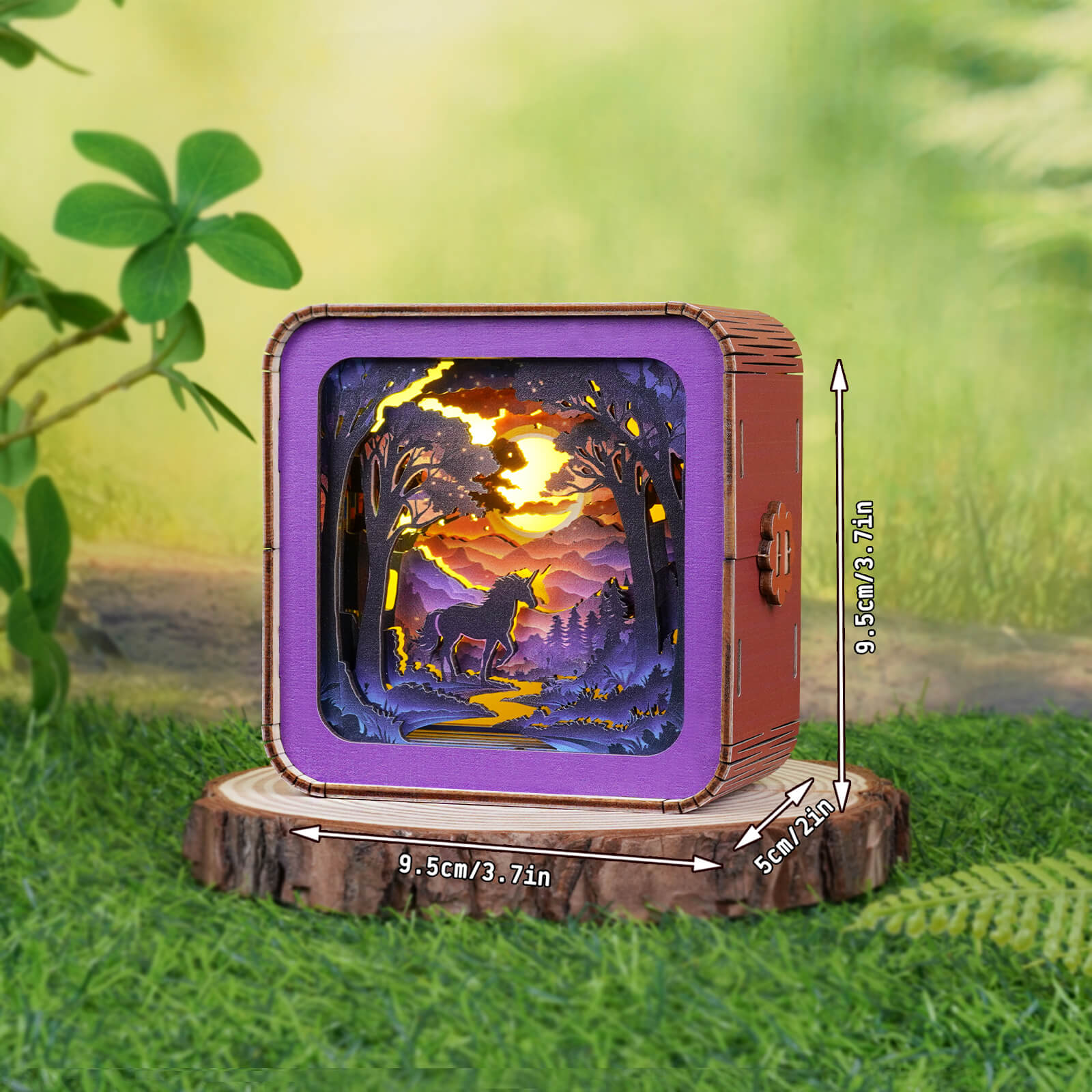 Forest Fantasy Unicorn Kit 3D wooden puzzle night light on a wooden stand, showcasing a glowing unicorn in a scenic landscape.