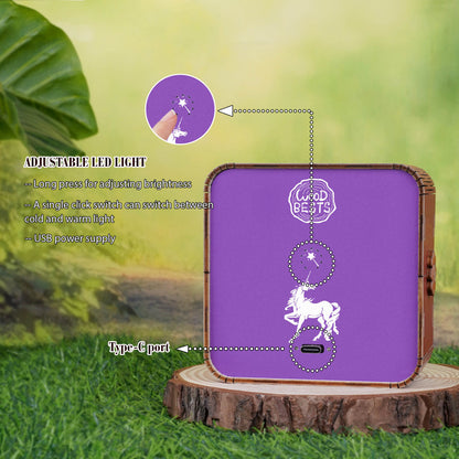 Adjustable LED night light with unicorn design, featuring USB-C port and brightness control for the Forest Fantasy Unicorn Kit.