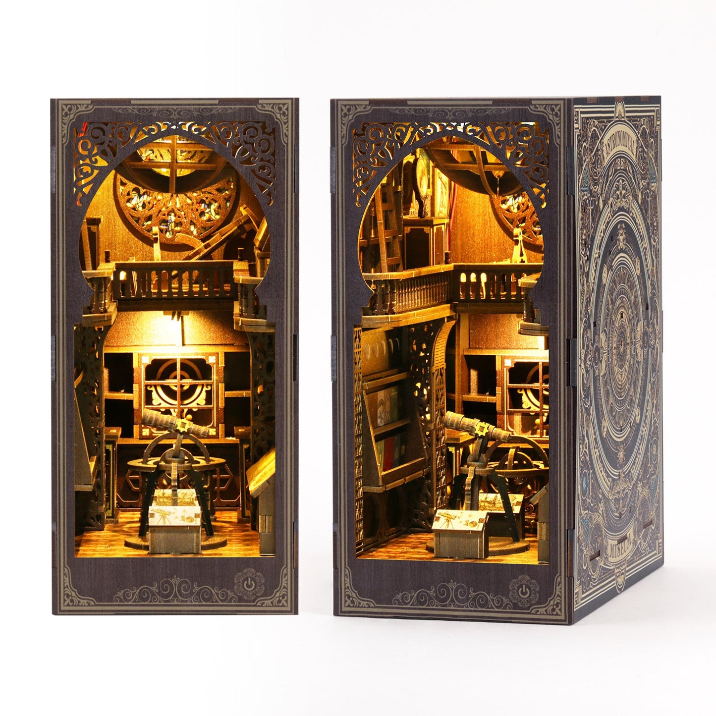 DIY Astronomy Museum book nook kit featuring intricate 3D wooden design with telescopes and music elements.