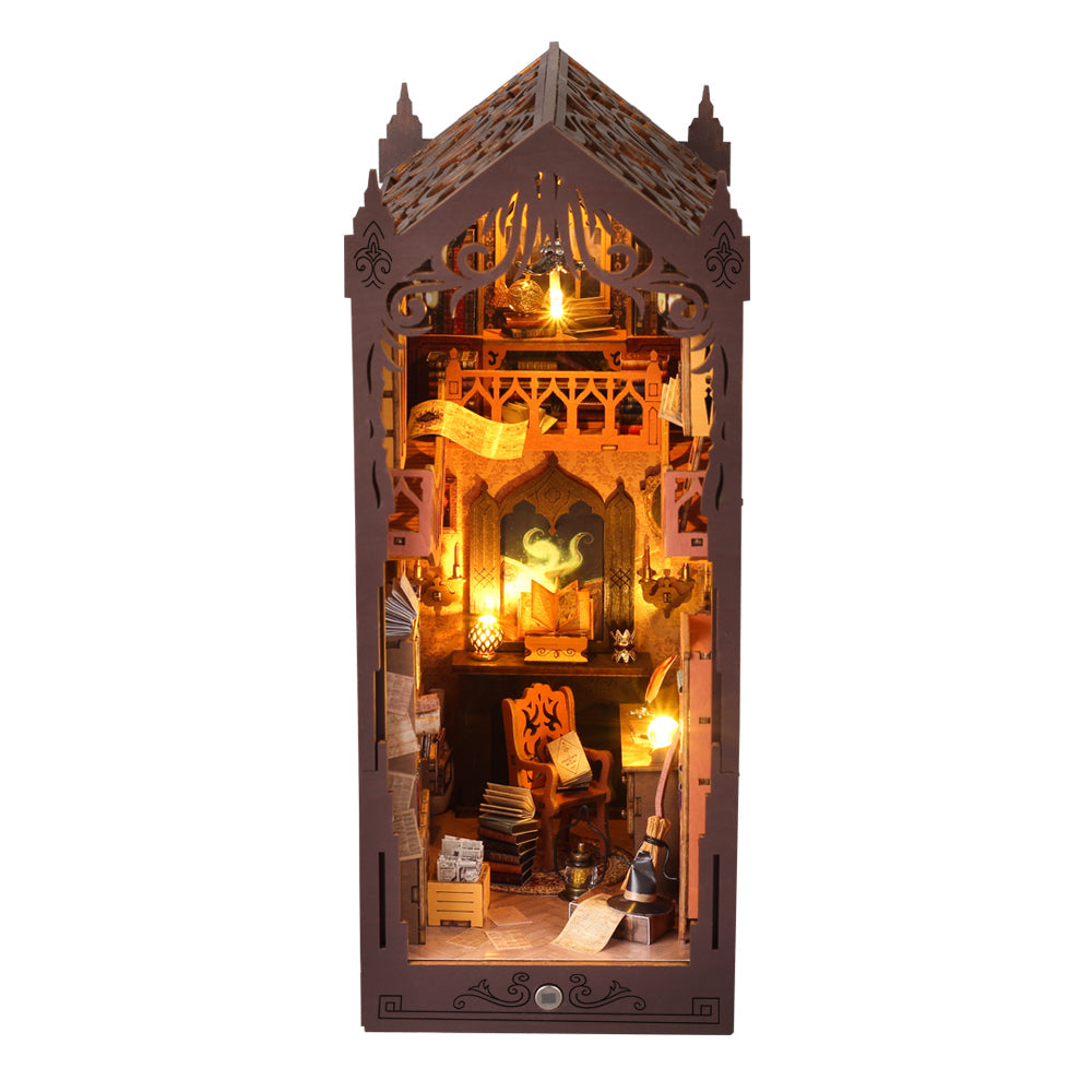 Magic House DIY Book Nook Kit showcasing intricate 3D wooden puzzle design with musical and lighting elements.