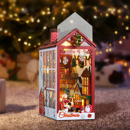Merry Christmas DIY Book Nook Kit featuring a festive 3D wooden puzzle with musical and decorative elements.