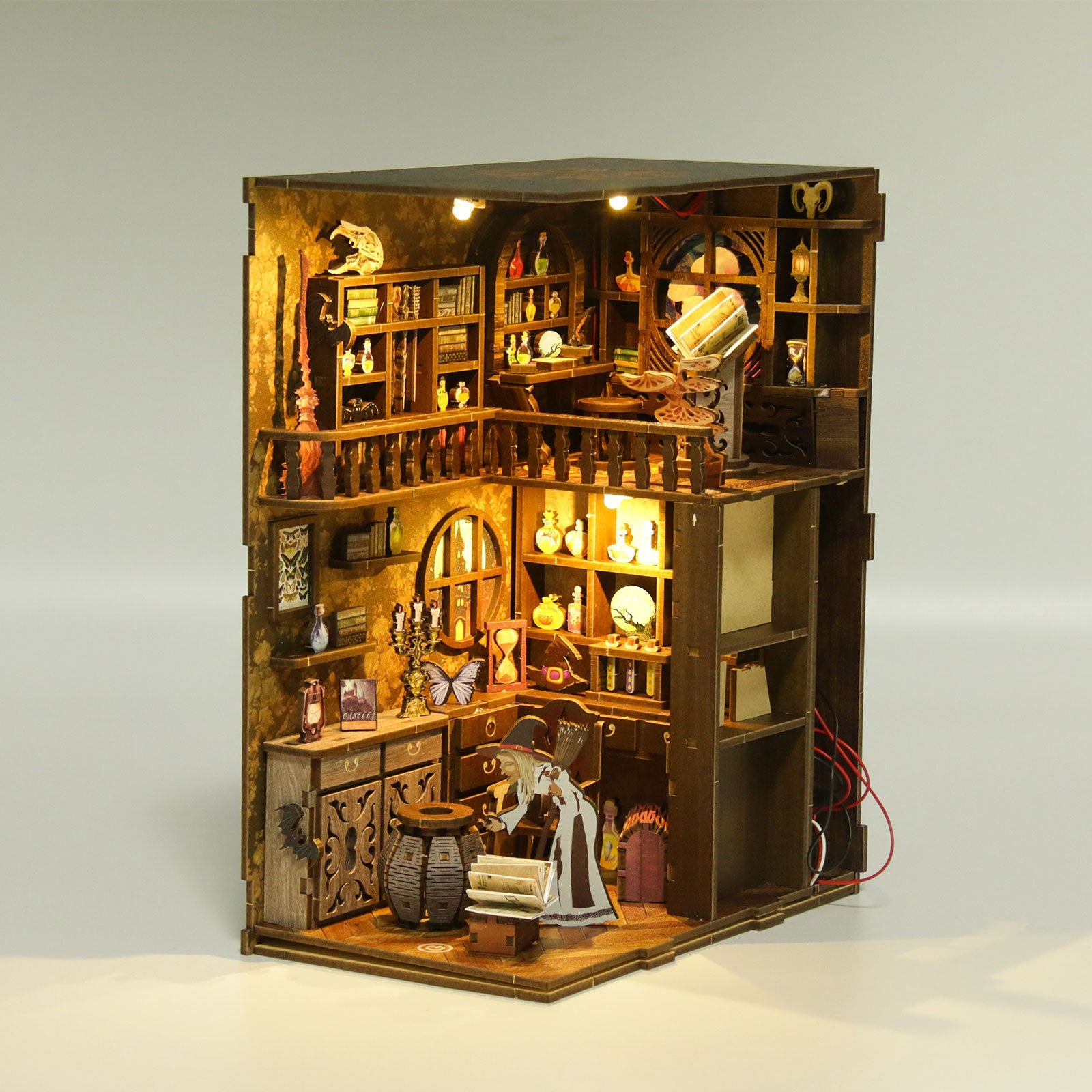 3D wooden puzzle book nook kit featuring detailed lighting, musical elements, and European classical design.