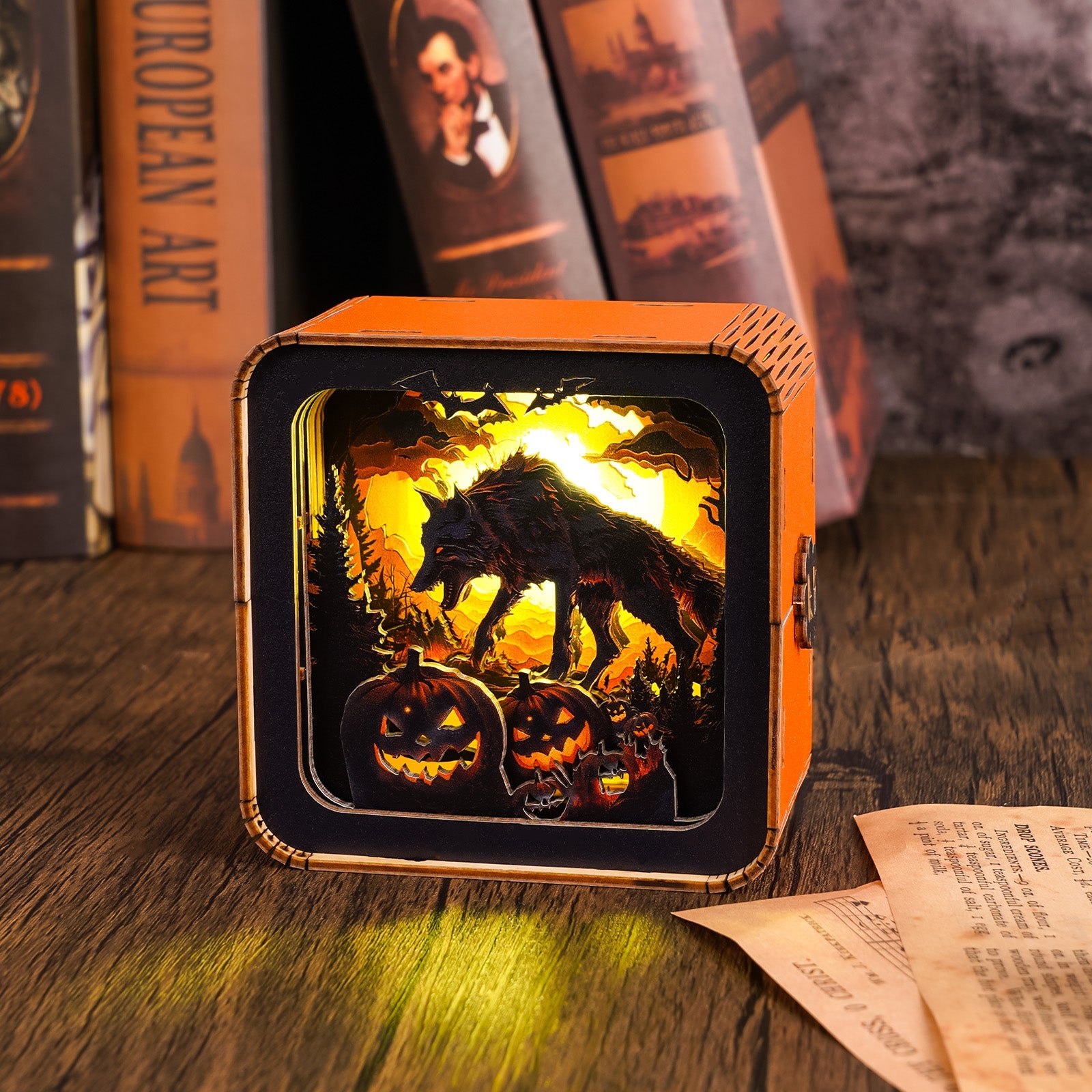 Halloween Wolf Kit 3D wooden puzzle night light featuring a silhouetted wolf and glowing pumpkins.