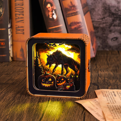 Halloween Wolf Kit 3D wooden puzzle night light featuring a silhouetted wolf and glowing pumpkins.