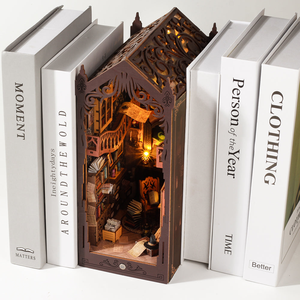 3D wooden puzzle book nook kit with intricate design, warm lighting, and musical theme displayed among books.