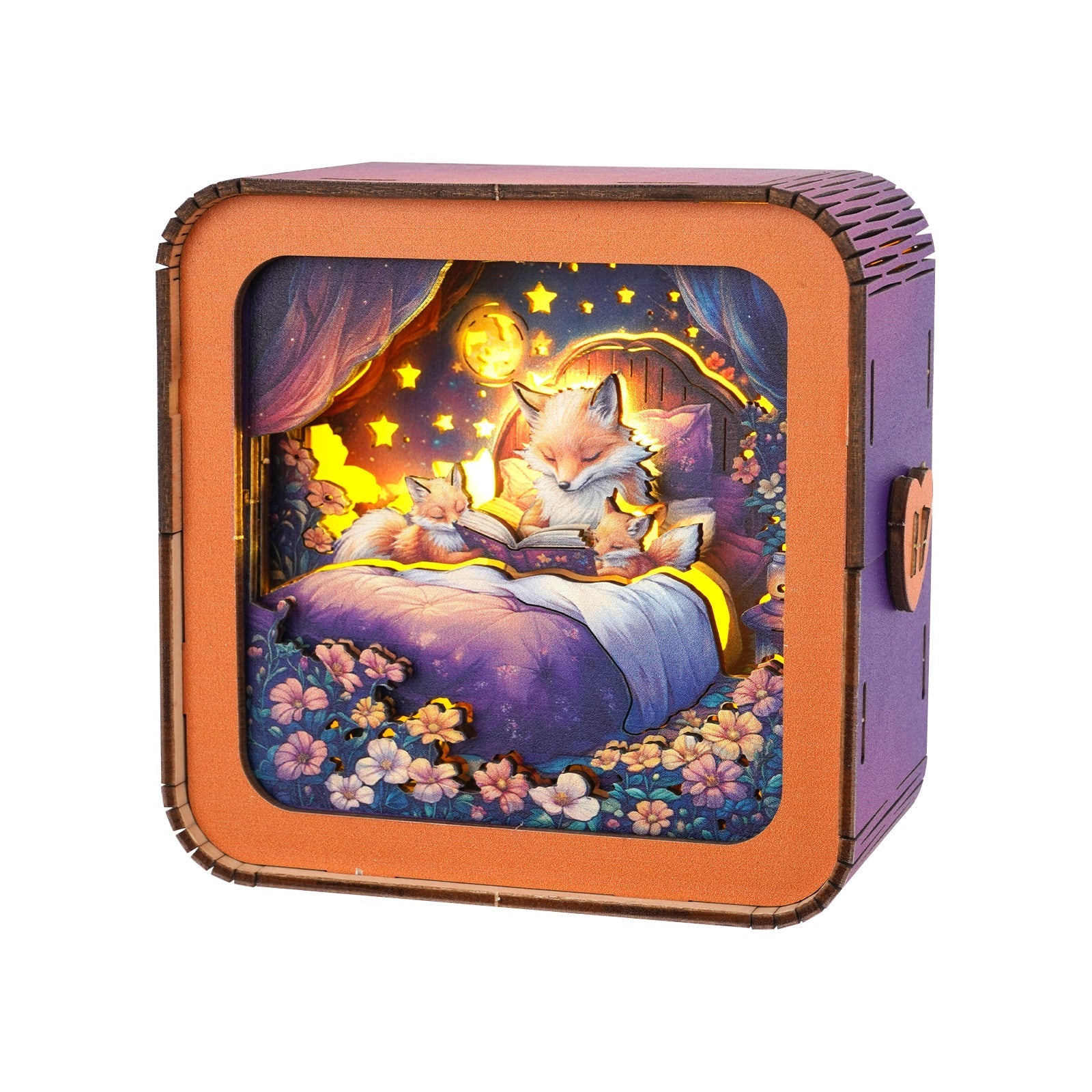 3D wooden puzzle night light featuring foxes reading in bed, colorful and cozy home decor.