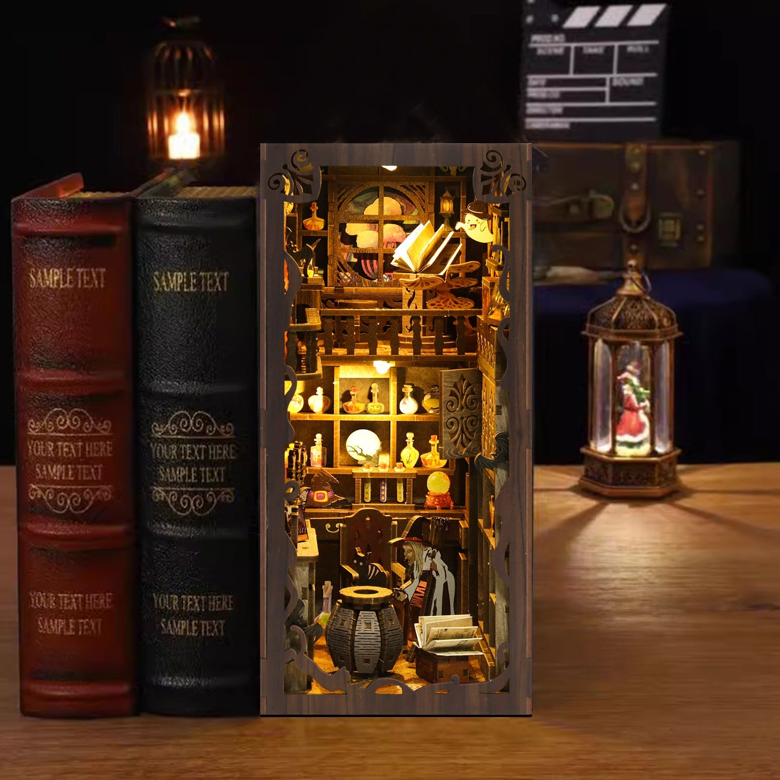 Illuminated DIY book nook kit showcasing intricate wooden puzzle design with musical elements and decor.
