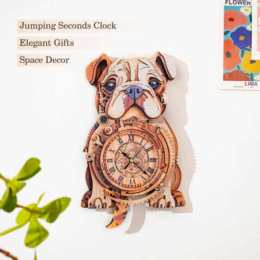 Bulldog DIY wooden clock as elegant wall decor, featuring intricate design and functional craftsmanship.