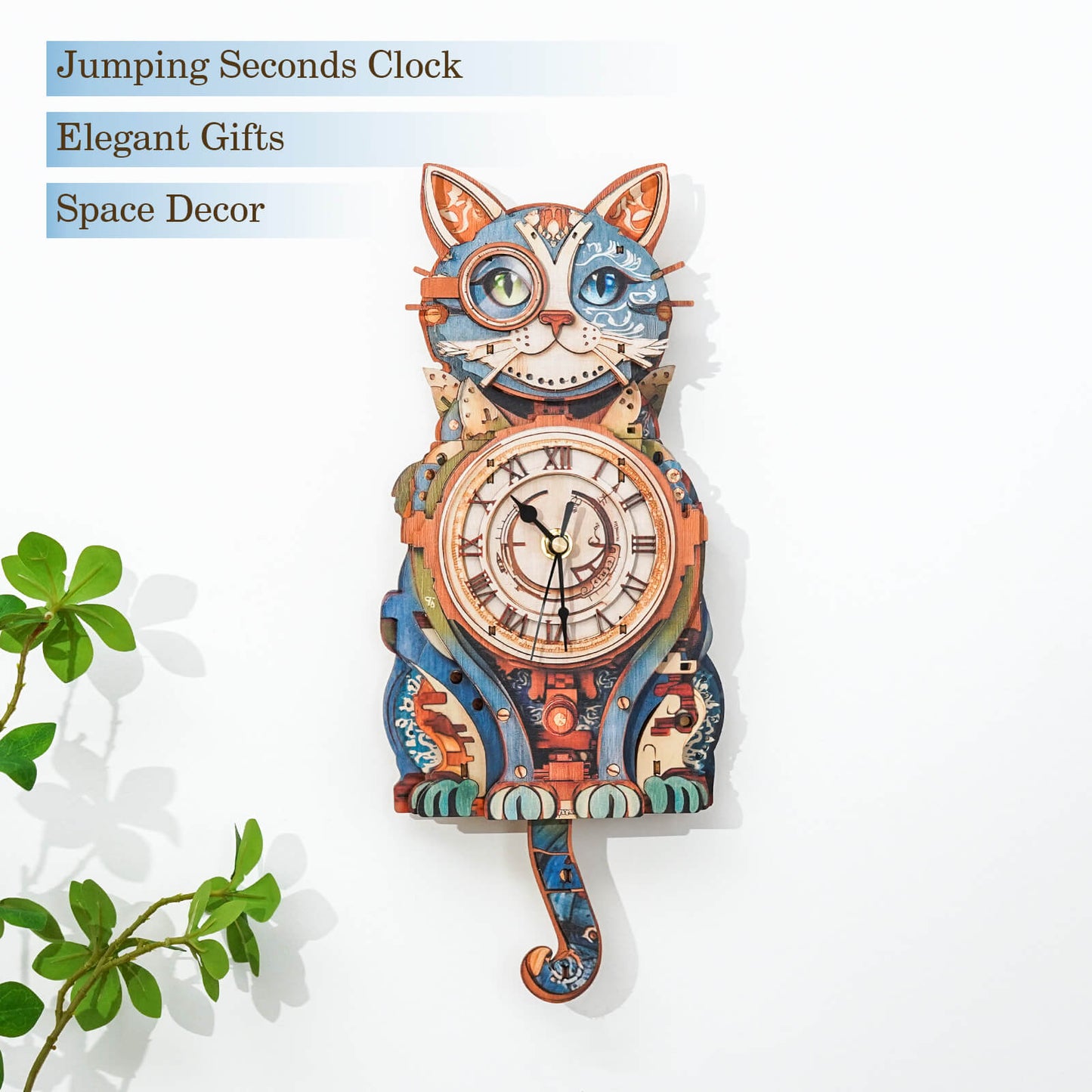 Colorful cat-shaped wooden clock against white wall, ideal as a unique gift and stylish space decor.