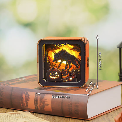 Halloween Wolf Kit 3D wooden puzzle night light featuring a glowing wolf and pumpkins, perfect for spooky decor.