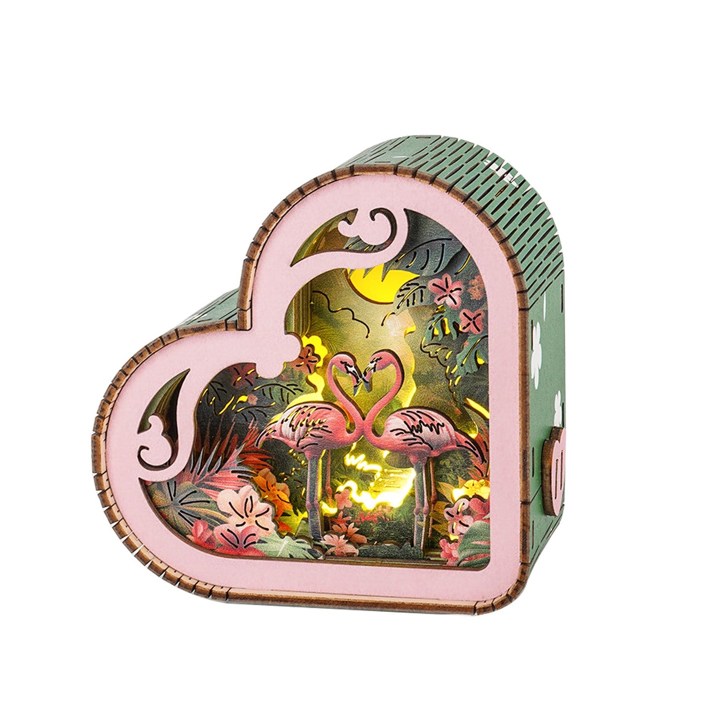 3D wooden puzzle night light featuring a flamingo scene under moonlight, designed in a heart-shaped frame.