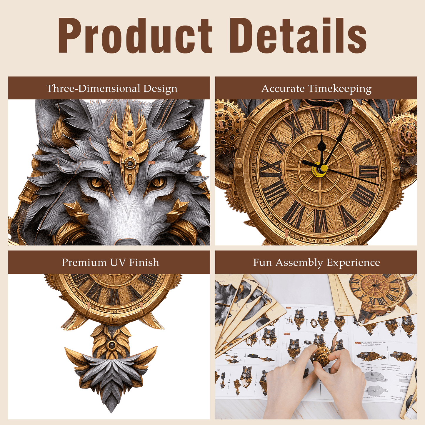 Gray Wolf – Wooden 3D Clock DIY Puzzle Kit