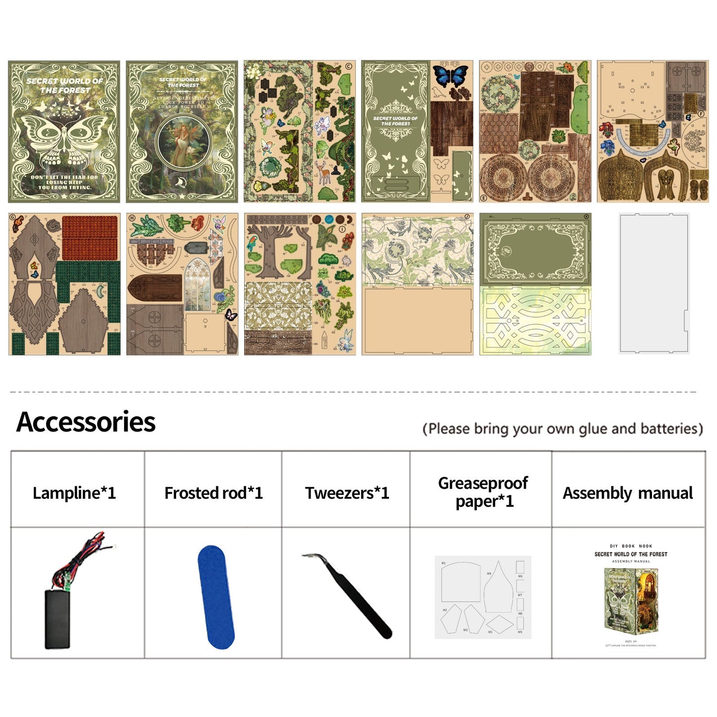 Accessories for Secret Forest DIY Book Nook Kit, including assembly manual, lampline, and decorative pieces.